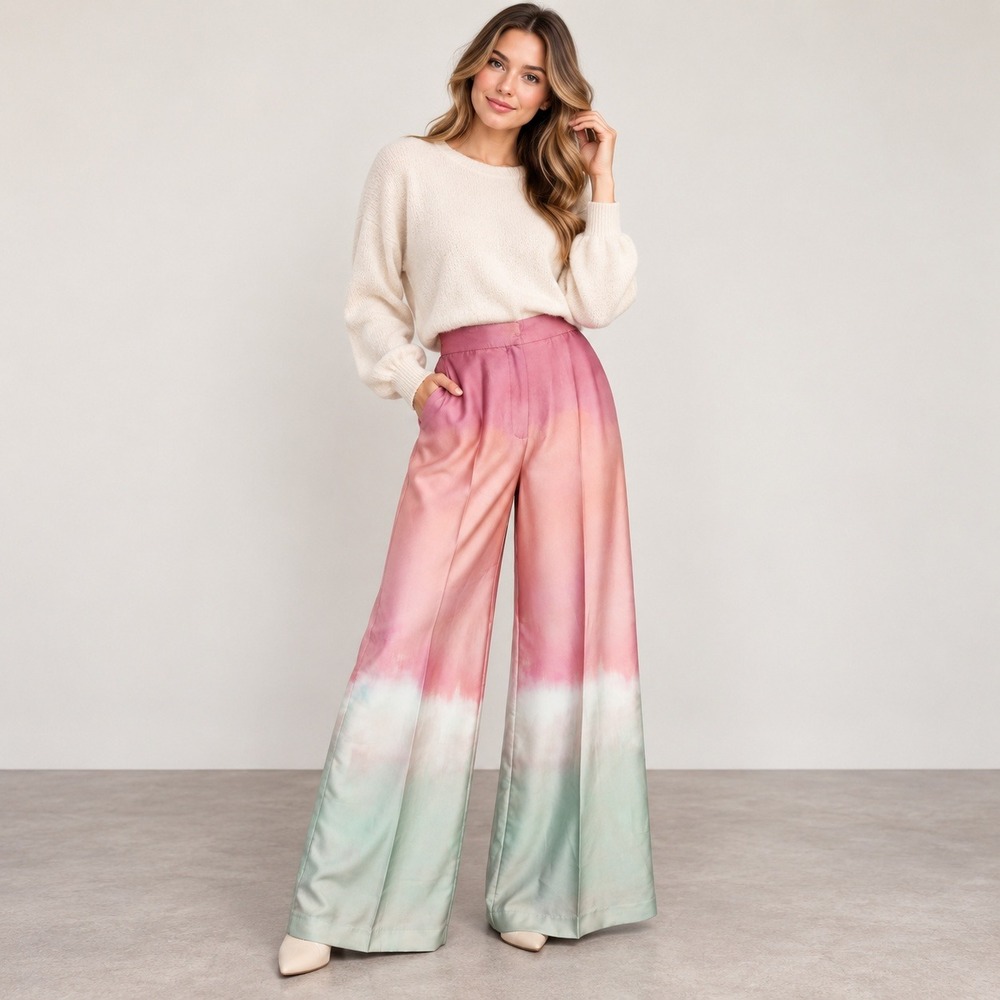 Zara Pink Sage Ombre Satin Wide Leg Pants Boho Resort L